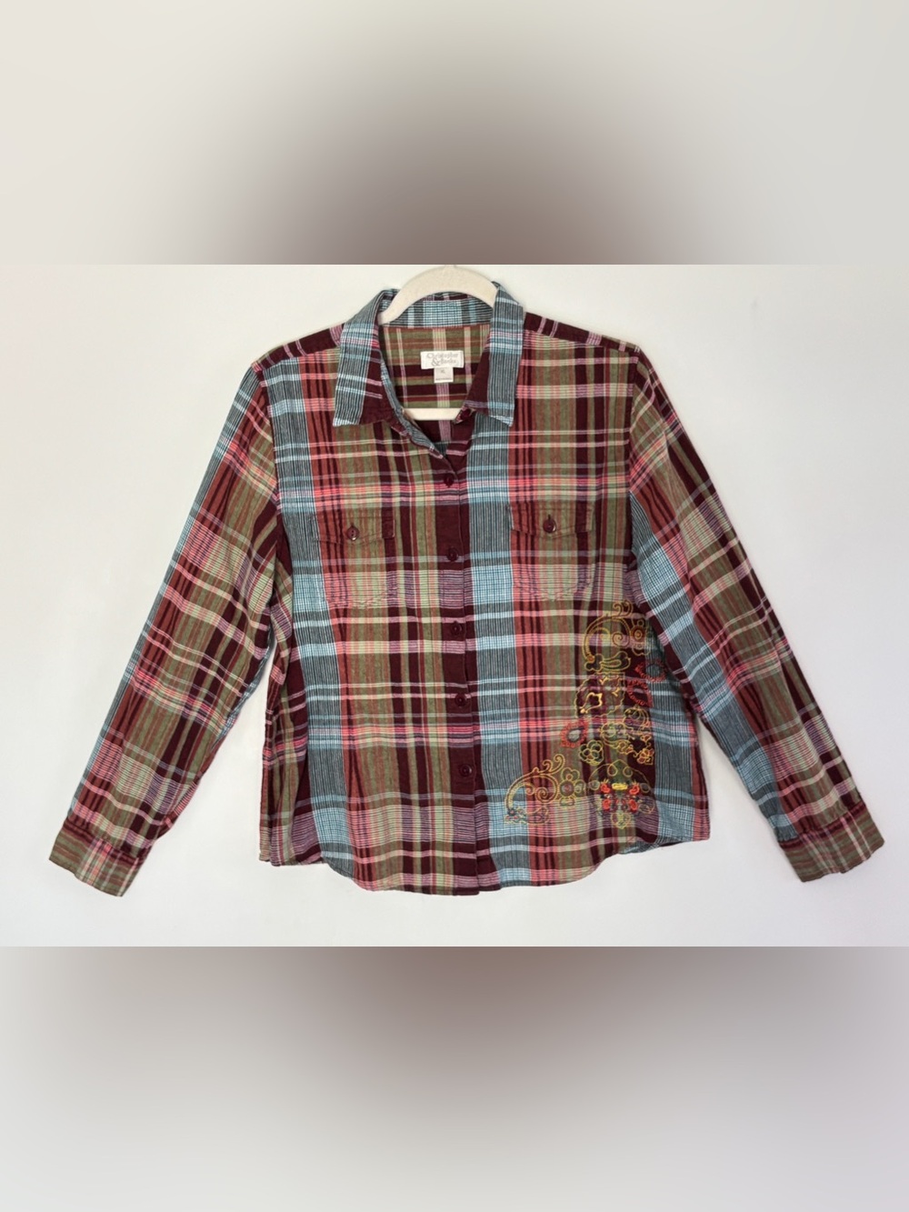 Women’s Embroidered Multicolor Plaid Size XL Western Country Boho Country *C77